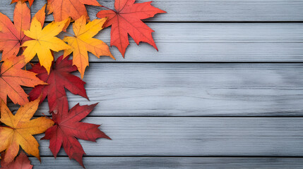 Wall Mural - Autumn Leaves Border on a Rustic Wooden Background - Perfect for Fall Designs