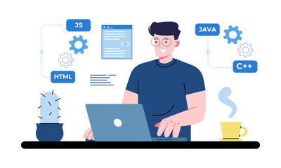 programming at home. young man behind laptop works at home, modern technology, remote worker. develo