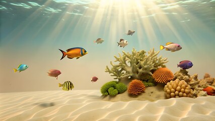 Poster - Underwater Sea Scene of coral reef, Sunlight shining undersea background 