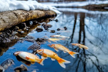 An enchanting scene of orange fish swimming in a tranquil river, surrounded by snow and reflecting trees.