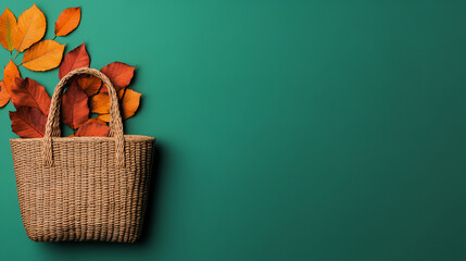 Canvas Print - Rustic Woven Bag with Autumn Leaves on Teal Background - Perfect for Fall Branding & Designs