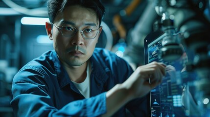 Chinese man in dark blue factory work clothes.chinese man.An industrial robot system operator in a high-tech industrial workshop is focused on operating a control screen