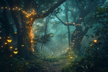 Poster - A forest filled with lots of lights and trees, illuminated by glowing fireflies, Mystical forest with glowing fireflies and towering trees