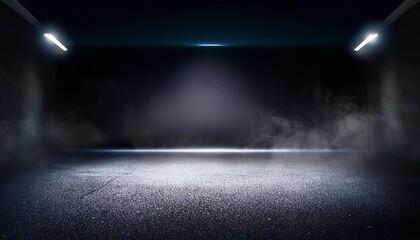 A dark empty street, dark blue background, an empty dark scene, neon light, spotlights The asphalt floor and studio room with smoke float up the interior