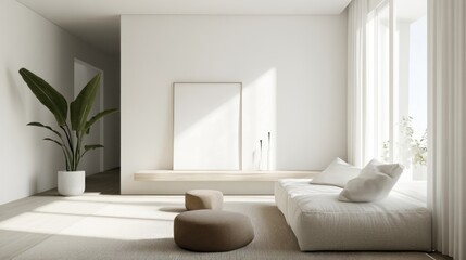 Wall Mural - Minimalist Living Room with White Couch, Two Ottomans, and a Large Window