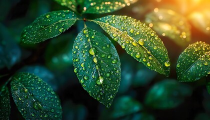 Wall Mural - Water Drops on Green Leaf: Abstract Background with Raindrops. Fresh and Juicy Close-Up of a Summer Tree Leaf