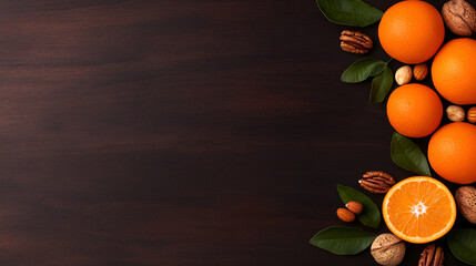 Wall Mural - Fresh Oranges, Almonds, and Pecans on a Wooden Background: Perfect for Your Next Recipe or Food Blog