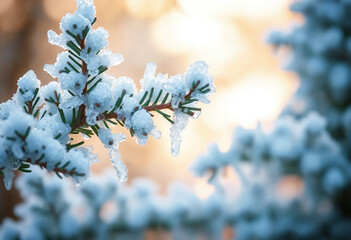 Close-up shot of icy branches of a fir Christmas tree are beautifully frozen, capturing the essence of winter, blurred background, golden backlight