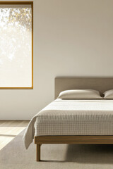 Wall Mural - Elegant bed in a minimalist bedroom filled with natural window lighting. Interior design composition image reflecting on relaxing, rest and sleep.