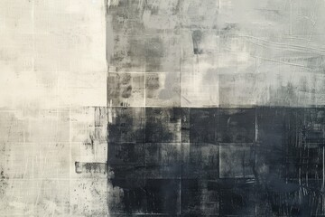 Poster - Geometric abstract painting with a grid pattern of black and white squares in varying shades, Overlay a subtle grid pattern in varying shades of gray over the canvas texture