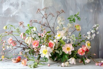 Poster - A vase overflowing with various flowers placed on a table, Paint a delicate floral arrangement against a soft grey backdrop