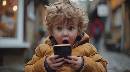 Poster - the child screams, looking at the smartphone in his hands