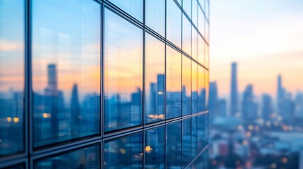 Blurred cityscape reflection on sleek glass windows of a modern office tower