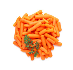 Wall Mural - Pile of baby carrots and green leaf isolated on white, top view