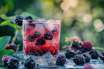 Wall Mural - a glass filled with ice and berries on top of a table