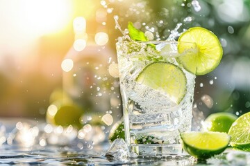 Wall Mural - a glass filled with water and lime slices