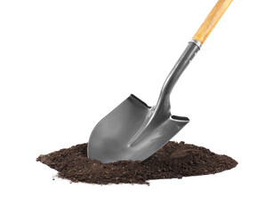 Wall Mural - Metal shovel with wooden handle and pile of soil isolated on white