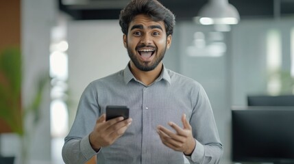 Canvas Print - Businessman Excitedly Sharing Information on Smartphone