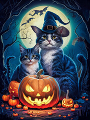 Poster with cats with a witch hat and pumpkins. Halloween card