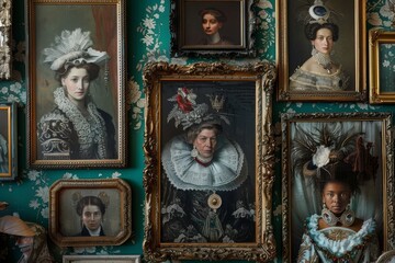 numerous portraits of esteemed ancestors displayed on a wall with elaborate frames, portraits of est