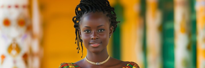 A woman wearing a traditional African dress and jewelry stands confidently against a vibrant, colorful background, exuding warmth and grace.