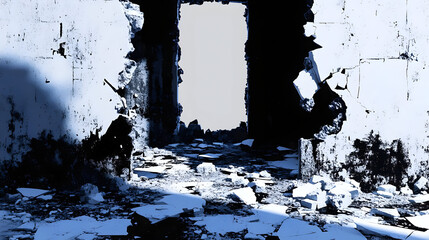 Wall Mural - A desolate interior with crumbling walls and debris scattered across the floor.