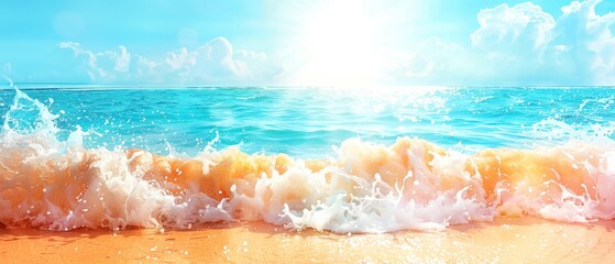 Wall Mural - Beautiful sandy beach with gentle waves under a bright sun and clear blue sky, perfect for summer vacations and relaxation.