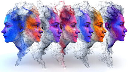 Poster - A digital artwork featuring six stylized, colorful profiles of a human head in a wireframe design.