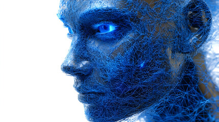 Canvas Print - A digital representation of a human face composed of intricate blue wireframe structures.