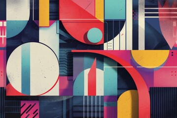 Poster - An abstract painting showcasing a dynamic mix of vibrant colors and diverse geometric shapes, Produce a visually striking composition featuring geometric shapes arranged in a futuristic pattern