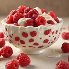 Poster - portrait of a cream dessert with raspberries