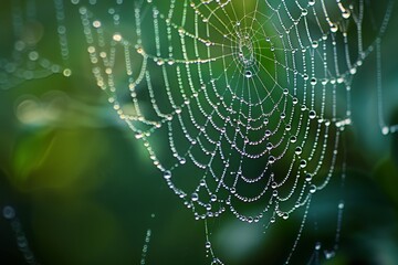Close-up of spider web covered in raindrops, reflecting light like crystals, Raindrops like crystals on a spider's web