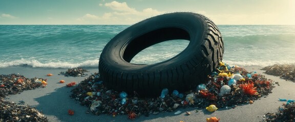 Canvas Print - Car tire under the sea Pollution Illustration, Ocean Plastic Ecology Underwater Problem