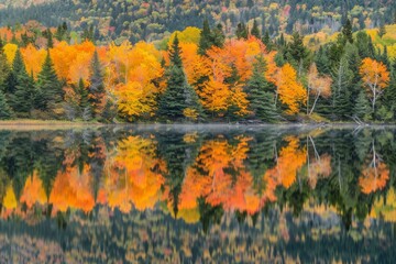 Canvas Print - A large body of water reflecting fall foliage surrounded by trees, Reflection of fall foliage in a calm lake