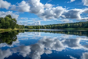 Wall Mural - A vast expanse of water reflects the sky, encircled by a dense forest of trees, Reflections of the sky on a still lake