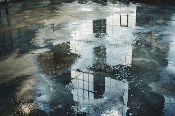 Canvas Print - Reflective puddle of water with distant building in background, Reflective puddles on the concrete floor