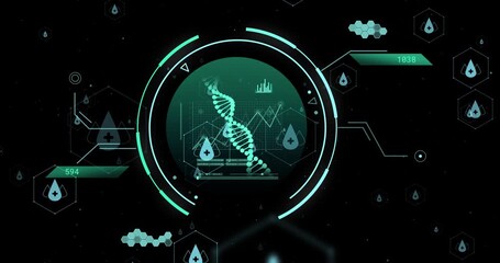 Poster - DNA strand and data analysis animation over futuristic digital interface