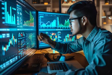 Canvas Print - A man focused on analyzing data displayed on a computer screen, Reflect on the significance of analytics and data in guiding digital marketing strategies