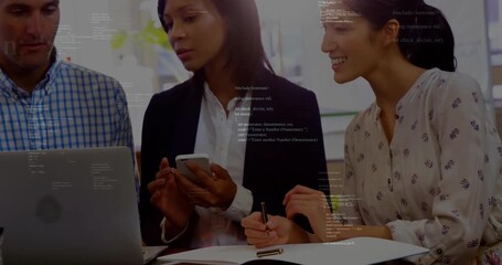Programming code animation over business people collaborating with laptop and smartphone