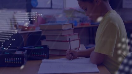 Sticker - In school, child studying at desk with books, coding animation on computer