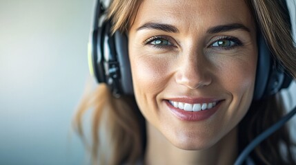 A close-up portrait of a female commercial pilot with a headset, smiling warmly, showcasing her professional demeanor, with a light solid color background