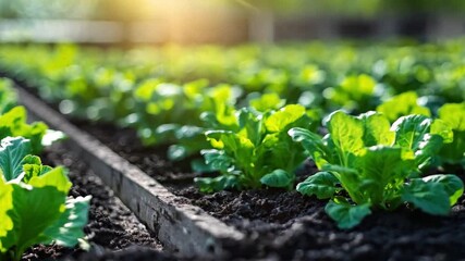 Wall Mural - Vibrant green lettuce thrives in rich soil under warm sunlight in a well-maintained garden during the spring season.