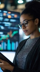 Wall Mural - a thoughtful compensation and benefits manager analyzing data on a tablet, with financial graphs dis
