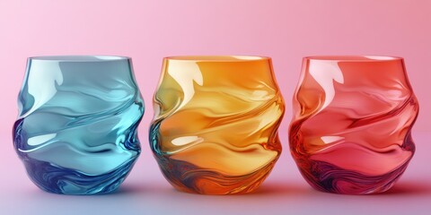 Canvas Print - Three Twisted Glass Vases in Blue, Orange, and Red on Pink Background