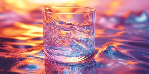 Wall Mural - Glass Tumbler on a Reflective Surface with Wavy Patterns and Color Gradient