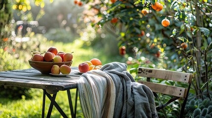 A garden table set with late summer fruits and a cozy blanket draped over a chair.