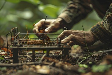 Poster - A person skillfully setting dadceaadedd in a forest clearing, Render the skill and precision of a hunter setting a trap