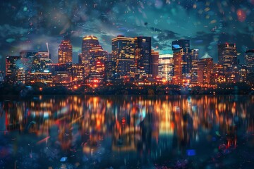 Sticker - Glowing City Reflections in Night Water, Render the vibrant energy of the city skyline at night, with lights twinkling in the darkness