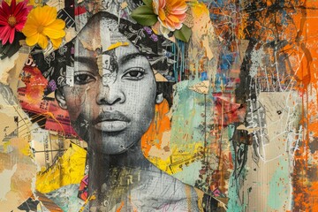 Canvas Print - A painting depicting a woman adorned with flowers on her head, Representing diverse and authentic stories through mixed media