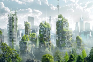 Sticker - Futuristic City With Trees Emerging, Represent the dynamic blend of nature and urban architecture in the city's skyline